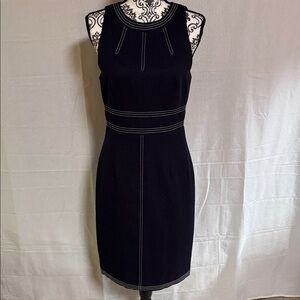 David Meister Navy Sleeveless Sheath Dress with Contrast Stitching Lined Zipper